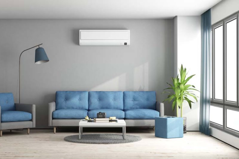 Ductless system mounted to wall above couch in Sierra Vista, AZ, home.